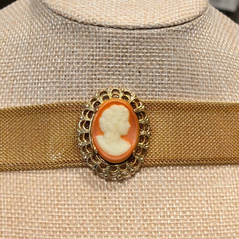 Vintage Coro Cameo Mesh Choker Necklace Gold Tone Victorian Revival Statement